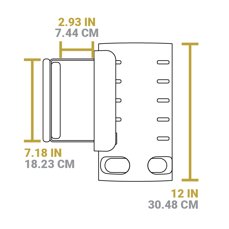 Dimensional drawing of product. Height is 12 inches, length of handle is 7.18 inches, width of handle is 2.93 inches.