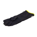 Black glove with yellow trim on a white background