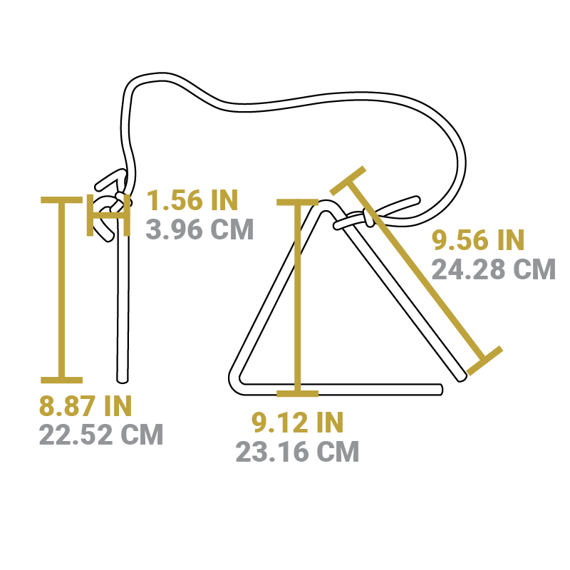 Dimensional drawing of product. Height of bell is 9.12 inches, length of triangle side is 9.56 inches, length of rod is 8.87 inches, width of rod is 1.56 inches.