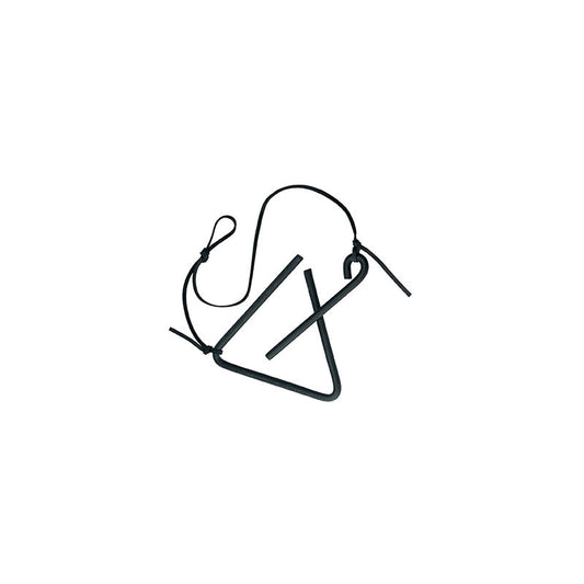 Triangular bell with rope to hang and hold rod to chime.