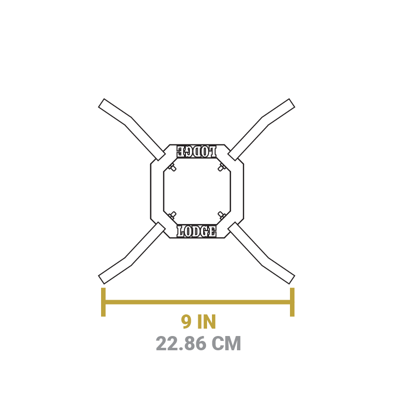 Dimensional drawing of product. Distance between legs is 9 inches.