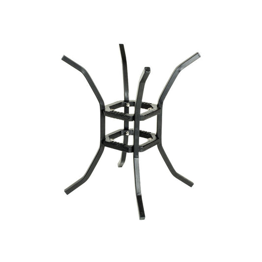 Metal stand with 4 legs that curve out.