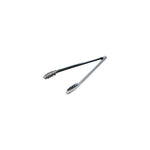 A pair of stainless steel tongs on a white background.
