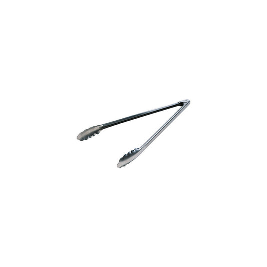 A pair of stainless steel tongs on a white background.