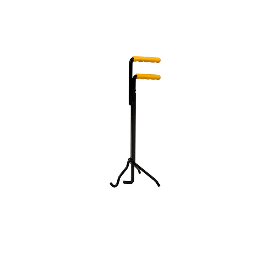 Lid lifter with yellow handles, hook on end to lift handle with 3 arms around it to stabilize lid during transport.