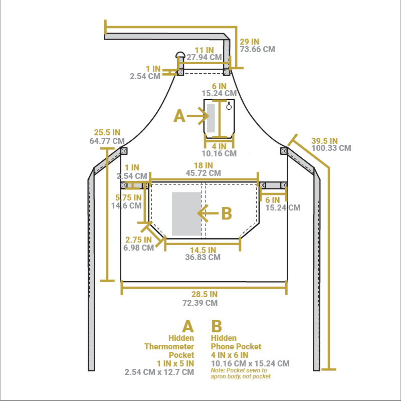 Dimensional drawing of apron detailing 2 hidden pockets for a thermometer and phone.