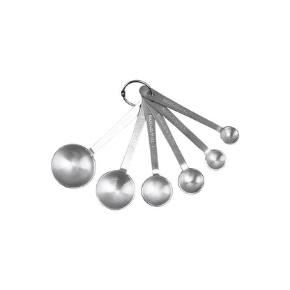 A set of stainless steel measuring spoons in various sizes, attached together with a ring.