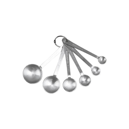 A set of stainless steel measuring spoons in various sizes, attached together with a ring.