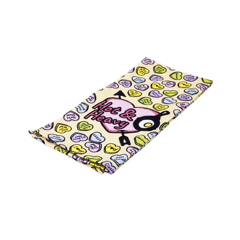 Conversation heart themed towel.