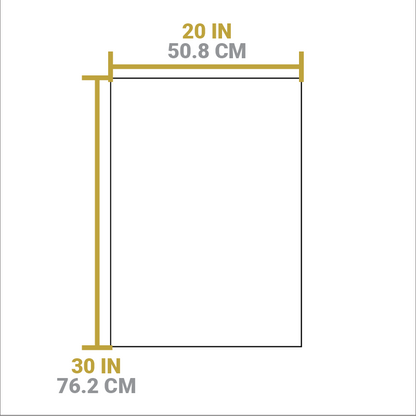 Dimensional drawing of towel. Width is 20 inches, length is 30 inches.