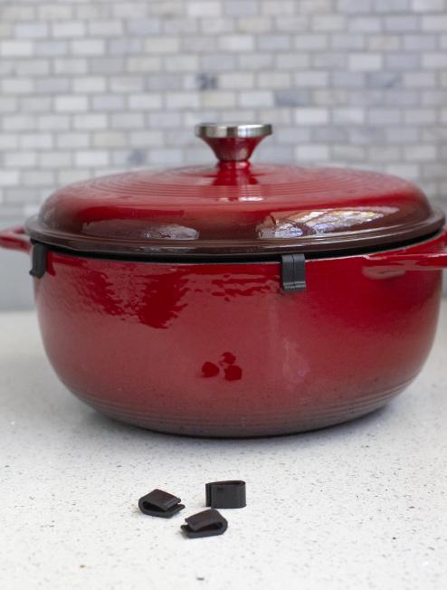 Protectors being using on enamel dutch oven to prevent friction from lid.
