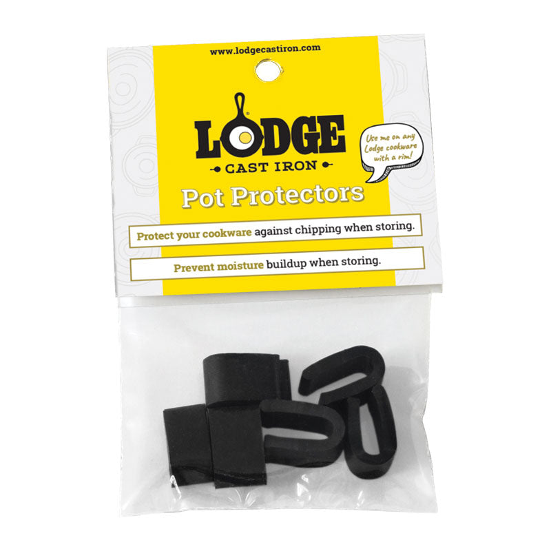 A package of black U-shaped pot protectors designed to prevent cookware from chipping and to prevent moisture buildup when stored.