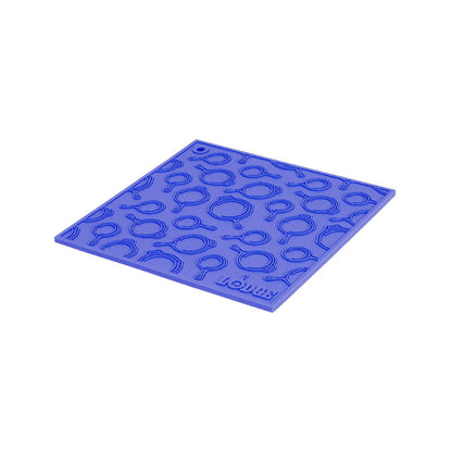 Blue silicone trivet with embossed Lodge skillets scattered throughout surface.