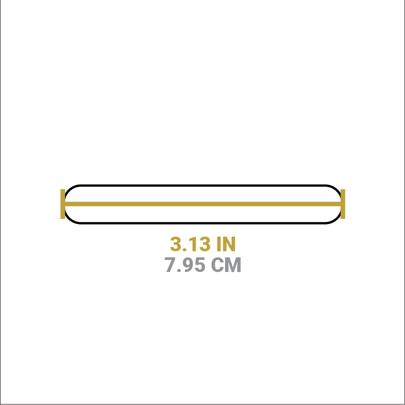 Dimensional drawing of bakeware grip. Width is 3.13 inches.