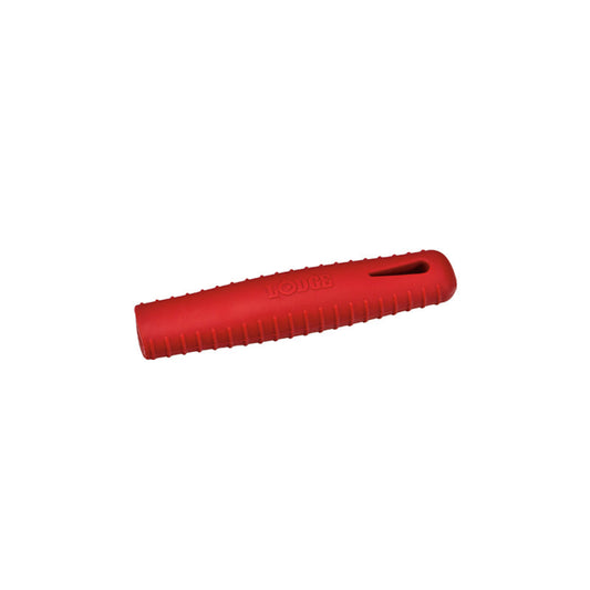 Red silicone handle holder with lines on each side for good grip.