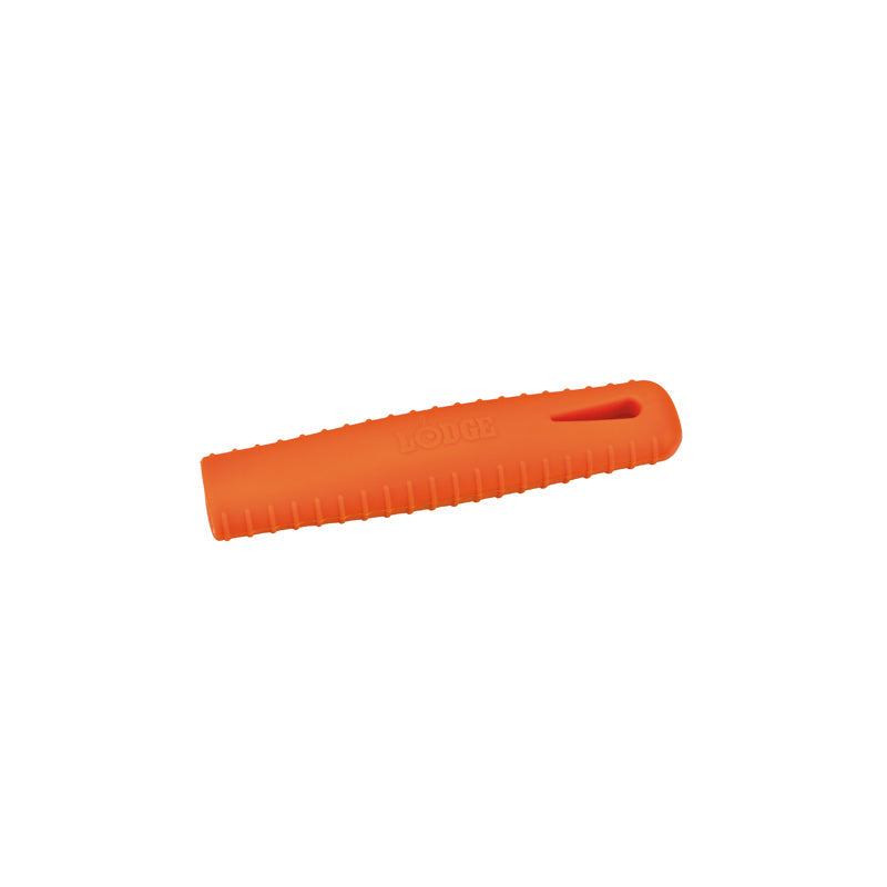 Orange silicone handle holder with lines on each side for good grip.