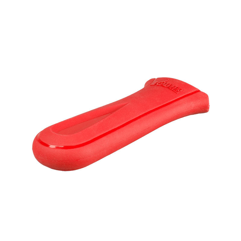 Red silicone handle holder with indent to provide a secure grip on handle.