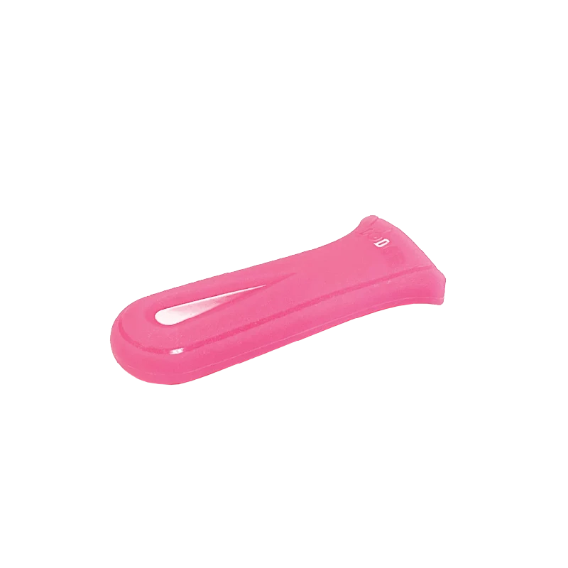 Pink silicone handle holder with indent to provide a secure grip on handle on a transparent background.