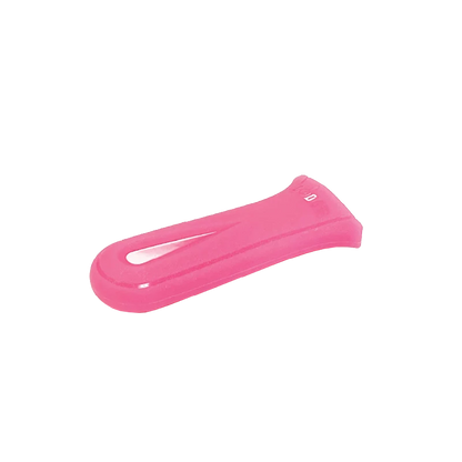 Pink silicone handle holder with indent to provide a secure grip on handle on a transparent background.