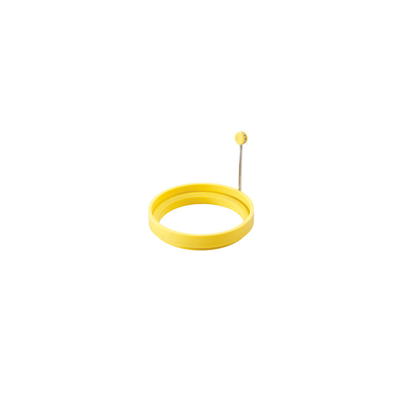 A yellow silicone egg ring with a metal pin.
