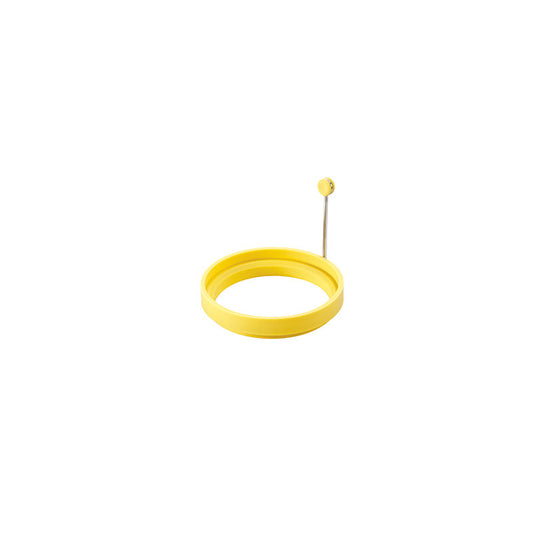 A yellow silicone egg ring with a metal pin.