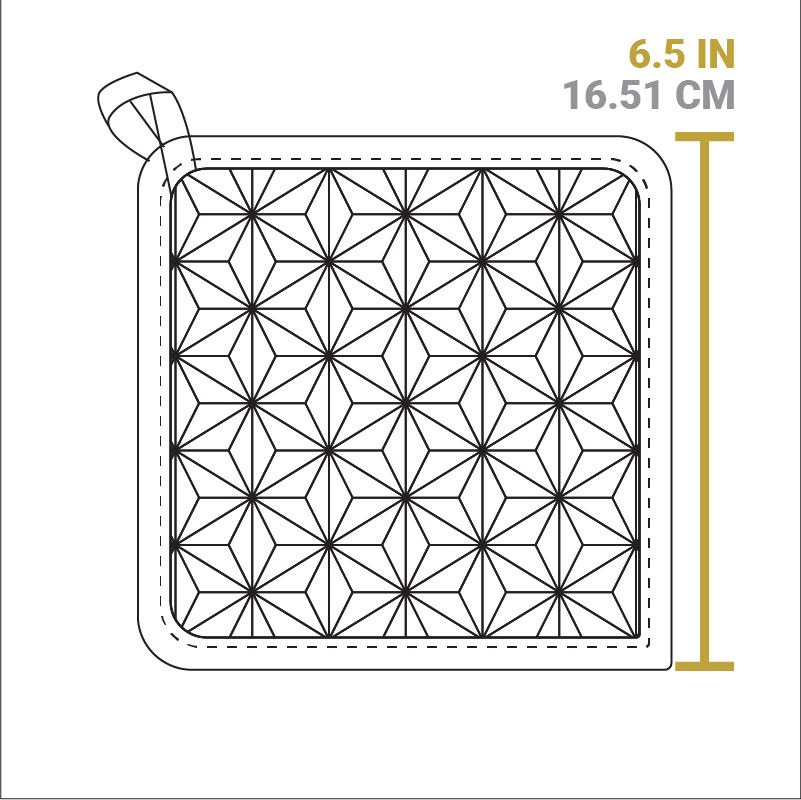 Dimensional drawing of product. Side is 6.5 inches long.