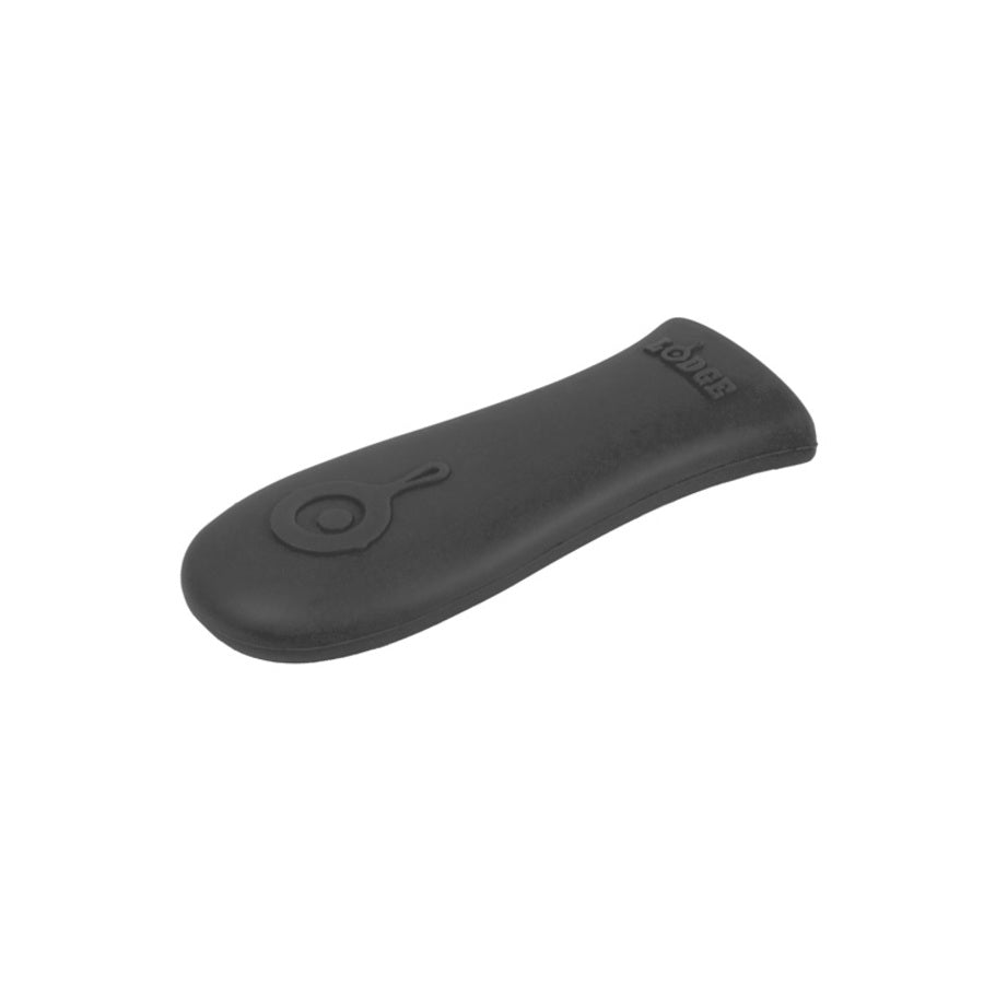 Black silicone handle holder with Lodge branding embossed.