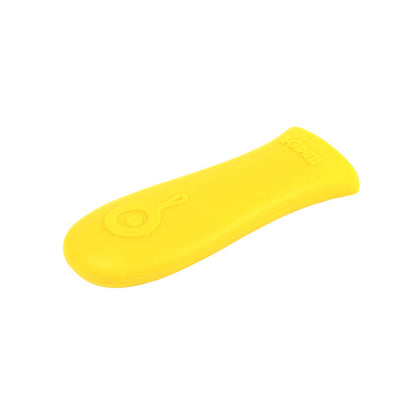 Yellow silicone handle holder with Lodge branding embossed.