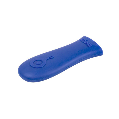 Blue silicone handle holder with Lodge branding embossed.