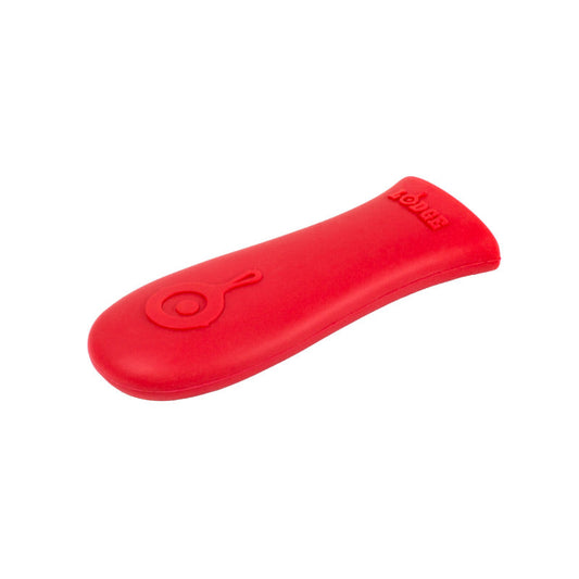 Red silicone handle holder with Lodge branding embossed.