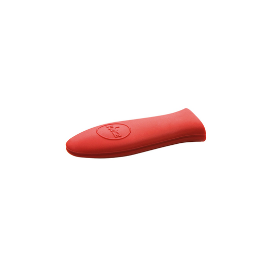 Red silicone handle holder with Lodge branding.