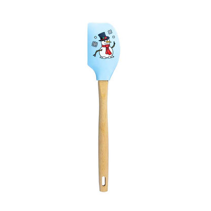 Spatula with blue silicone head and wooden handle on a white background