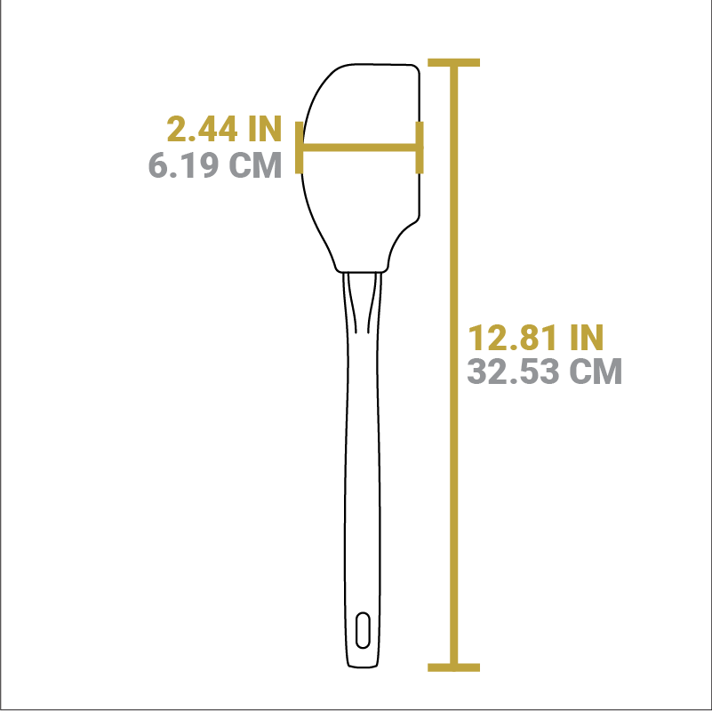 Dimensional drawing of spatula. Length is 12.81 inches, width is 2.44 inches.