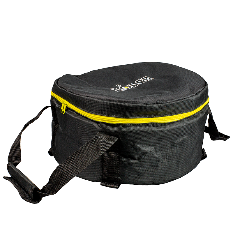 Circular black bag with yellow zipper and 2 lift handles.