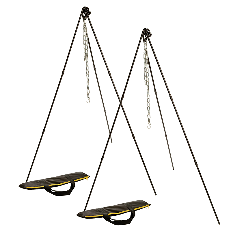 Set of 2 black tripod's with silver chains and a carrying case each.