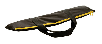 Tripod packed in black case with yellow zipper.