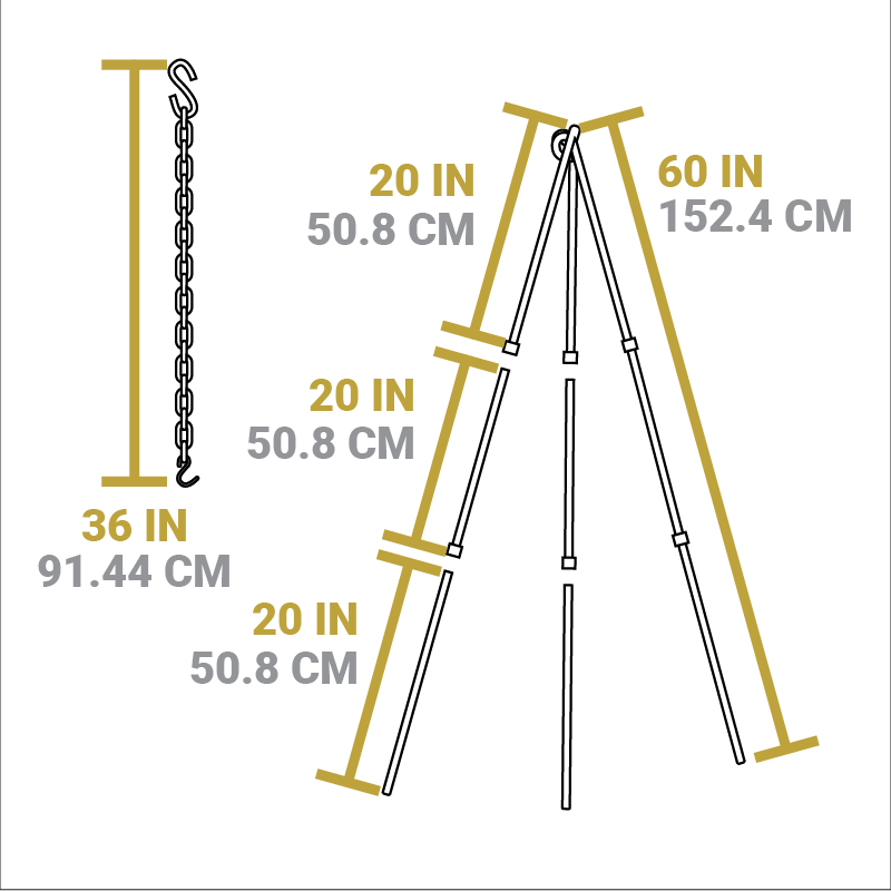 Dimensional drawing of product. Chain length is 36 inches, length of each leg is 60 inches, which can be split into 3 equal parts, 20 inches each.