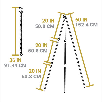Dimensional drawing of product. Chain length is 36 inches, length of each leg is 60 inches, which can be split into 3 equal parts, 20 inches each.