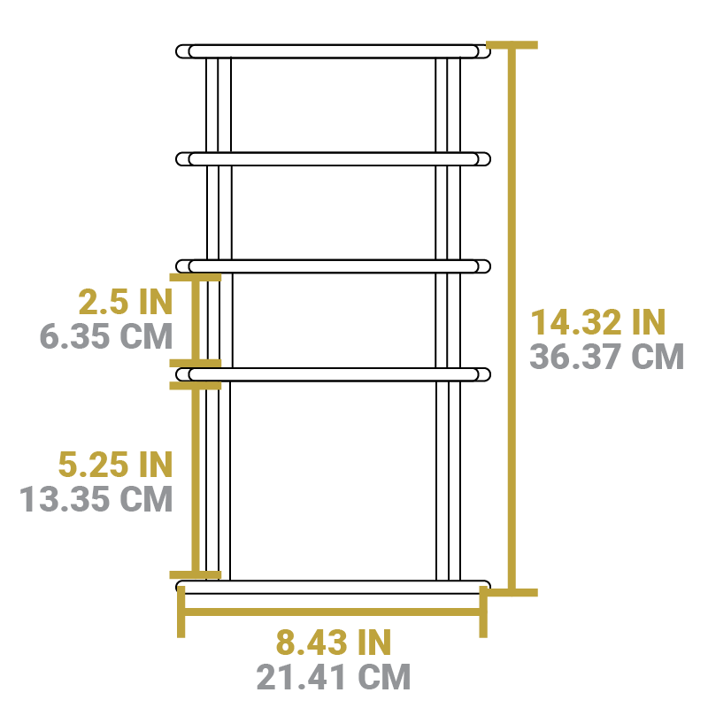 Dimensional drawing of product. Total length is 14.32 inches, width is 8.43 inches, width of largest section is 5.25 inches, the other 3 sections are 2.5 inches.