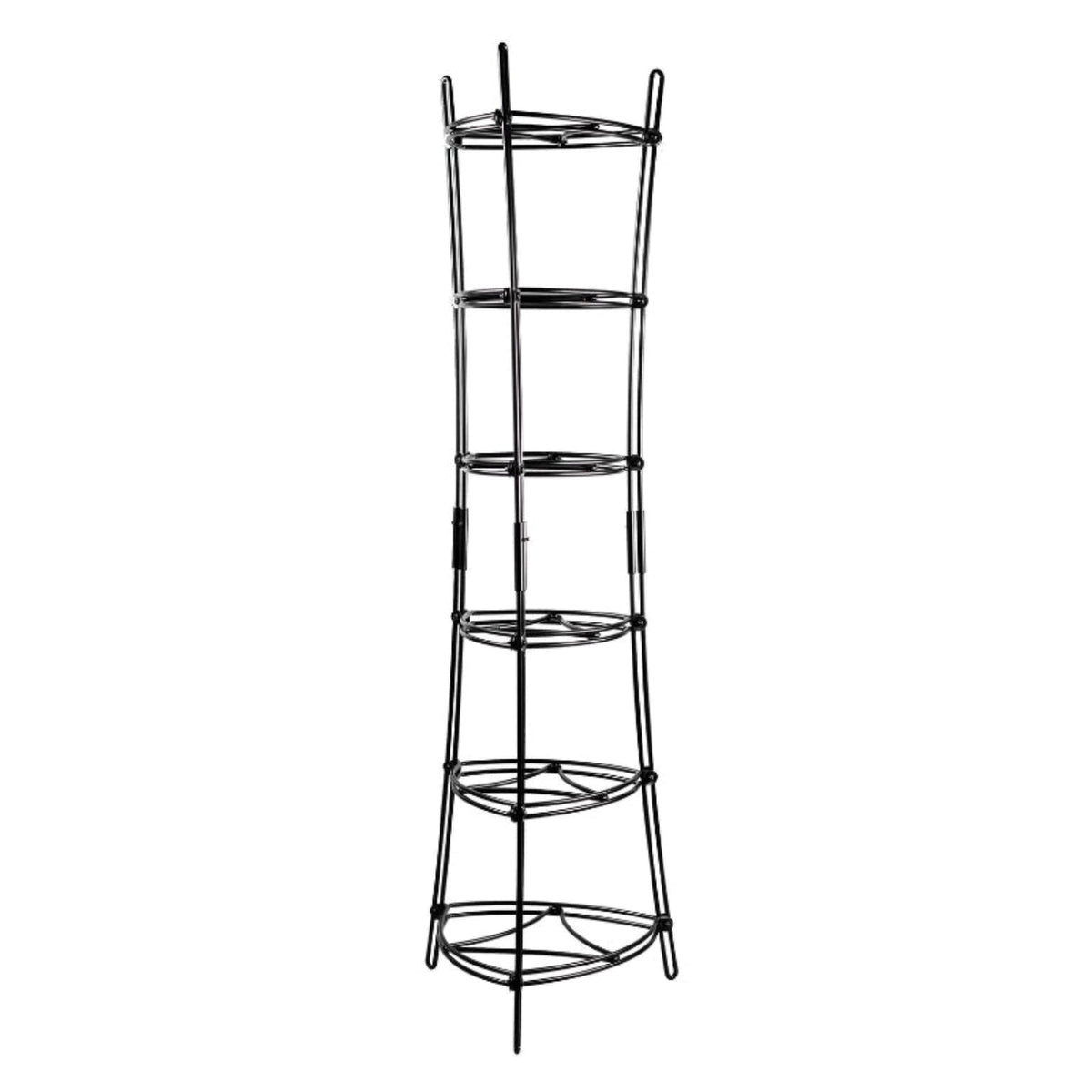 Black metal shelf with 6 shelves that get wider at top and bottom and thinner in middle.