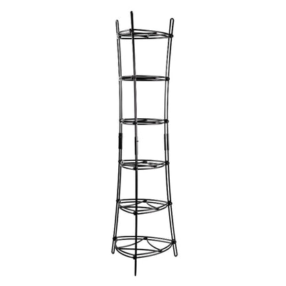 Black metal shelf with 6 shelves that get wider at top and bottom and thinner in middle.
