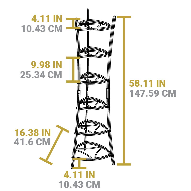 Dimensional drawing of product. Total height is 58.11 inches, distance from ground to first shelf is 4.11 inches, height of first shelf is 16.38 inches, height of middle shelves is 9.98 inches, and height of poles from top shelf is 4.11 inches (there is no top to constrict space).