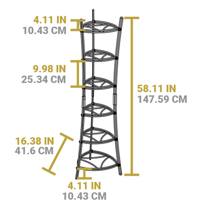 Dimensional drawing of product. Total height is 58.11 inches, distance from ground to first shelf is 4.11 inches, height of first shelf is 16.38 inches, height of middle shelves is 9.98 inches, and height of poles from top shelf is 4.11 inches (there is no top to constrict space).