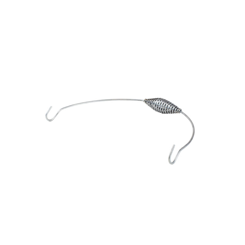 Silver bail handle with hook at each hand and a spiral grip in middle of handle.