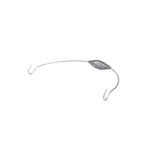 Silver bail handle with hook at each hand and a spiral grip in middle of handle.