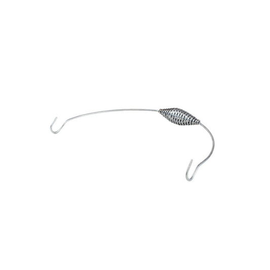 Silver bail handle with hook at each hand and a spiral grip in middle of handle.