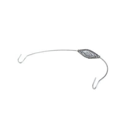 Silver bail handle with hook at each hand and a spiral grip in middle of handle.