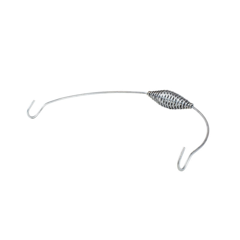 Silver bail handle with hook at each hand and a spiral grip in middle of handle.