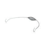 Silver bail handle with hook at each hand and a spiral grip in middle of handle.