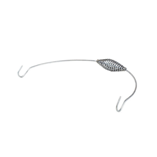 Silver bail handle with hook at each hand and a spiral grip in middle of handle.